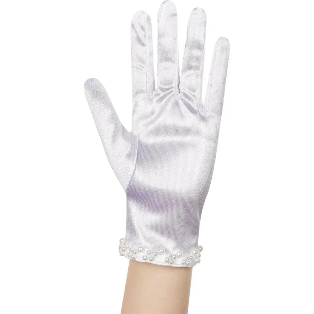 Women's White Satin Pearl Short Length Wrist Gloves Wedding Banquet Party Prom